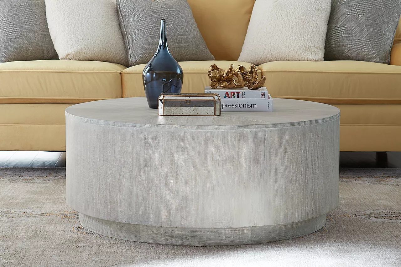 The Ginny white washed coffee table in room scene.